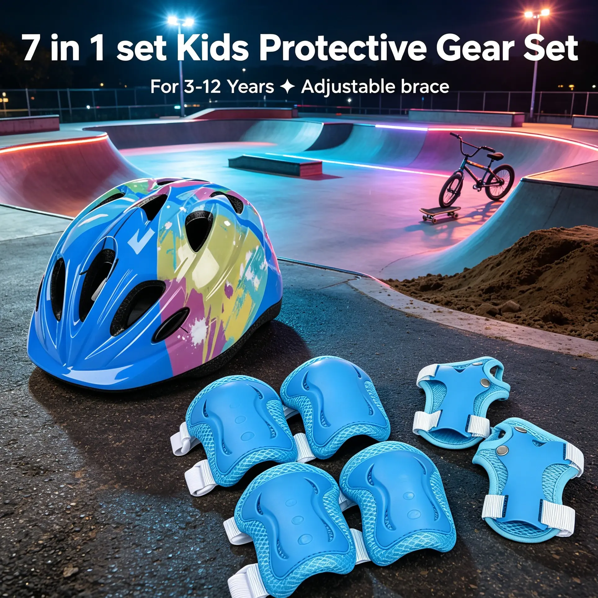 BAT DASH 7-in-1 Kids Protective Gear Set – Adjustable Helmet & Knee/Elbow/Wrist Pads for Bike/Skateboard/Scooter – Ages 3-14
