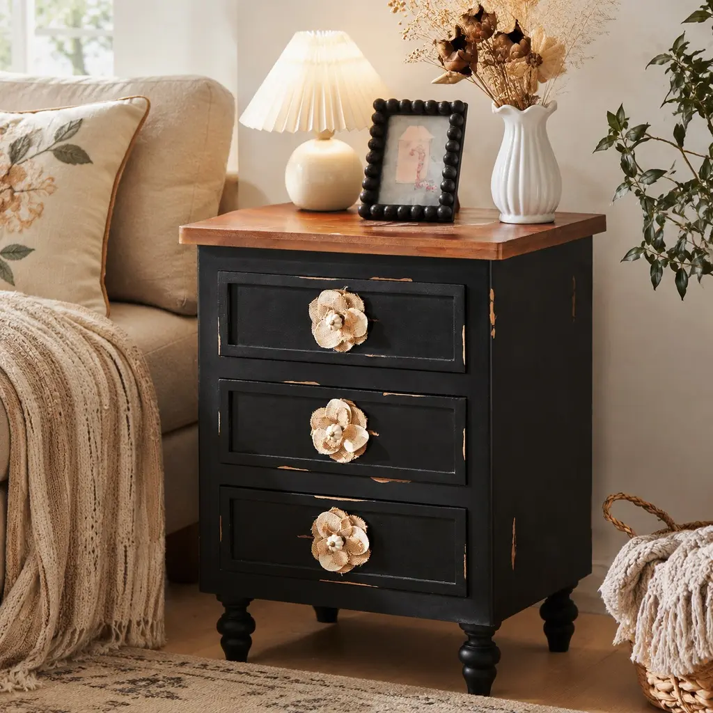 Vintage Farmhouse End Table with 3 Drawers Floral Knobs, 19" Rustic Nightstand Bedside Table for Bedroom Living Room, Solid Wood+MDF Antique Black/Walnut Accent Sofa Table, Almost Fully Assembled, Antique Black/Walnut Color Options