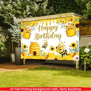 Bee Sunflower Theme Happy Birthday Banner, Polyester Fabric, Party Decoration, Home Decor, Outdoor & Indoor Use, Photography Backdrop Prop, Birthday Party Decorations, Party Decorations Banners
