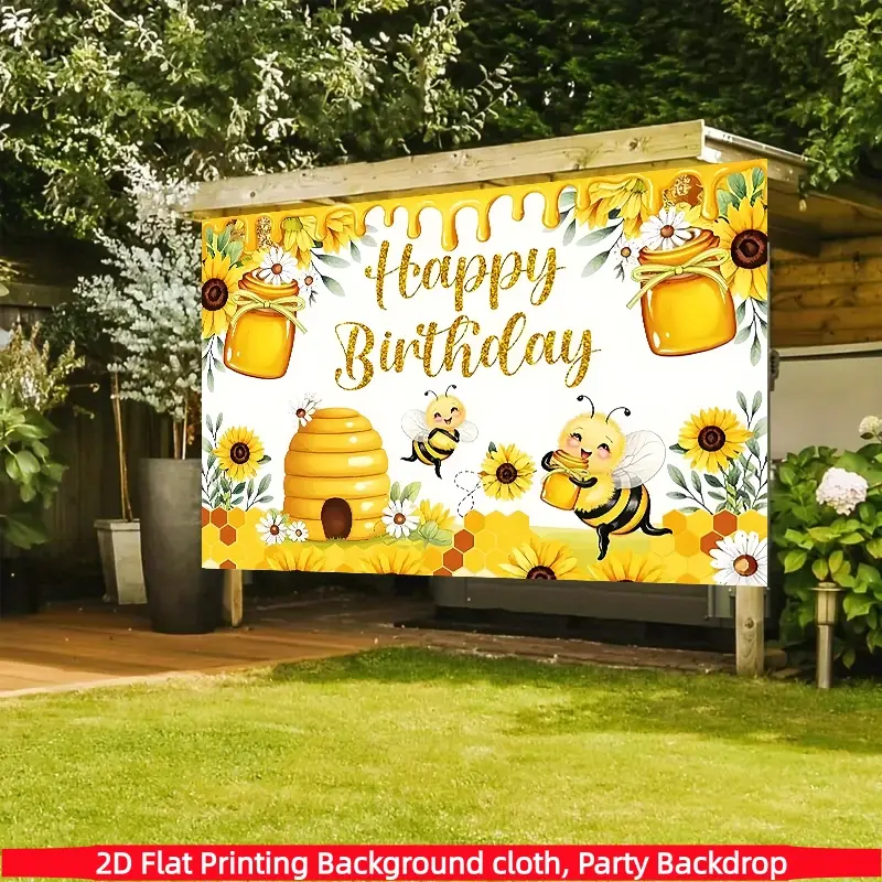 Bee Sunflower Theme Happy Birthday Banner, Polyester Fabric, Party Decoration, Home Decor, Outdoor & Indoor Use, Photography Backdrop Prop, Birthday Party Decorations, Party Decorations Banners