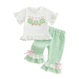 Baby Girls Irish Festival 2 Piece Outfits Shamrock Embroidery Short Sleeve Crew Neck Tops and Elastic Waist Flared Pants Set