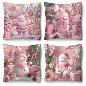 4pcs, Festive Christmas Throw Pillow Covers, Dreamy Pink Santa, Snowman & Tree Print, Home Décor Products, Cushion Cover Decoration for Couch Sofa, Room Decor and Bedroom Decor, Bedroom Decorative Accessories, Single Sided Printing, No Pillow Core