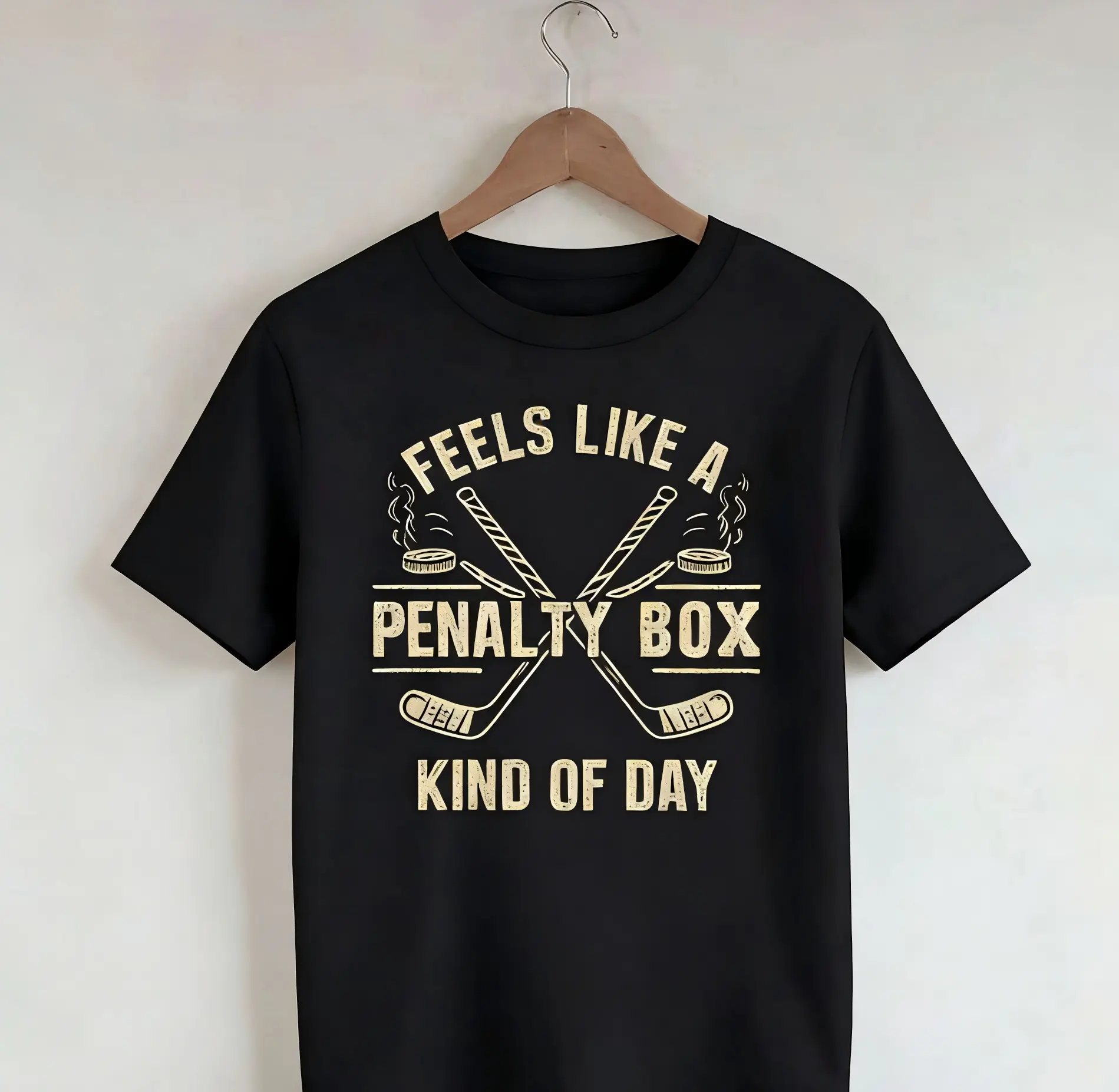 Women's Vintage Black Cuffed Short-Sleeve Casual T-Shirt - Hockey Enthusiast Graphic Top with Sporty Humor, "Feels Like a Day in the Box" Design for Summer Wins