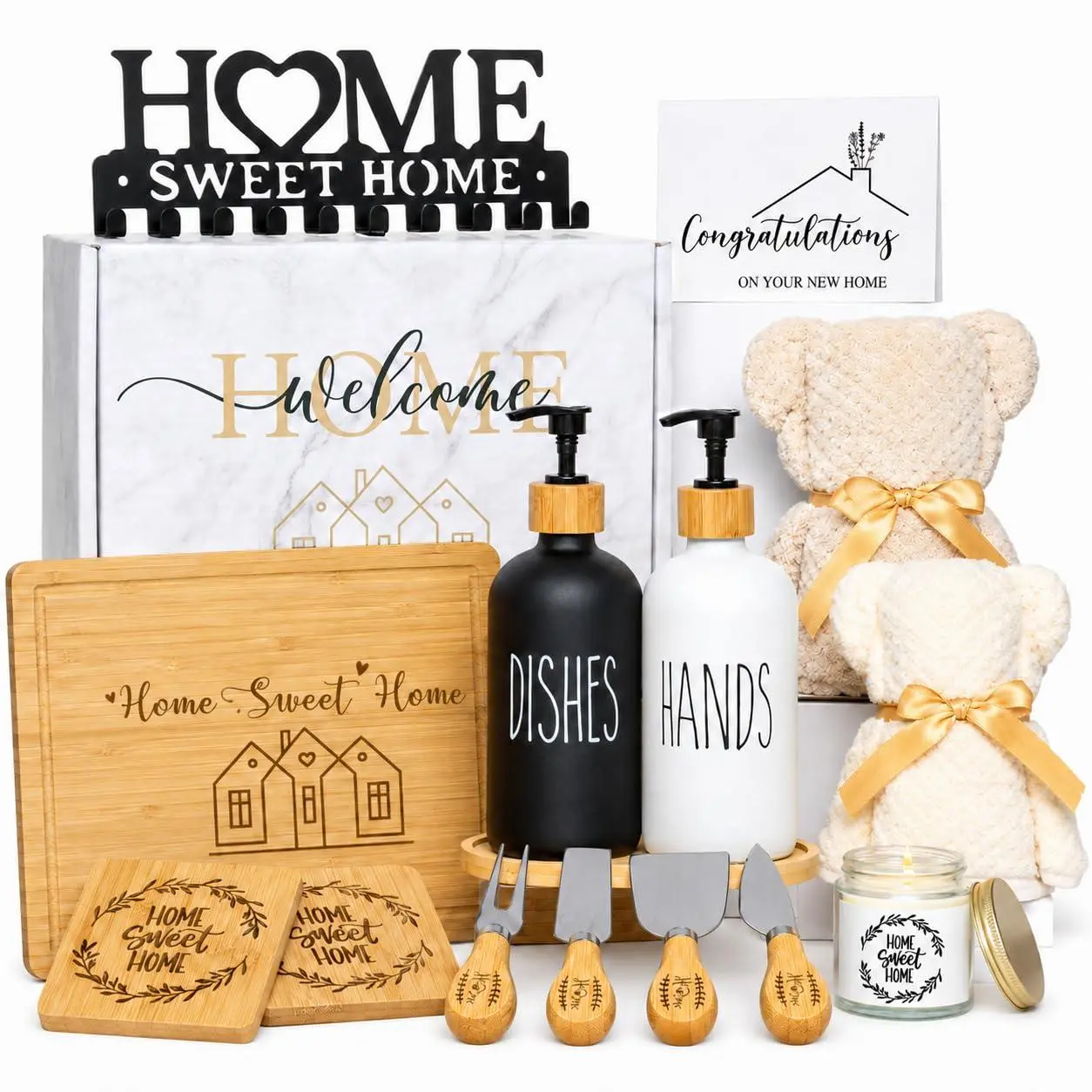 YLOVAN Housewarming Gift Basket Set - 14 Items Welcome First Apartment Essentials with Key Holder, Engraved Text, Glass/Steel Pieces for Homeowners, Closing Gift for Home Buyers