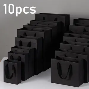 Black gift bags! 10pcs Vertical Black Paper Shopping Bags with Handles—Large-Capacity Retail Tote for Weddings, Shopping, Parties, Birthdays, Holidays. Ideal for Clothes, Crafts, Groceries, Business & Boutique Use