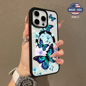 Butterfly Floral Pattern Premium Magnetic Phone Cases for iPhone 16 15 14 Pro Max 13 12 11 Plus Smartphone Shockproof Protection Acrylic Cover Cellphone Protective magsafe magnetic case Aesthetic Resistance Casing Protector