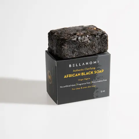 Bellanomi Authentic Clarifying African Black Soap from Nigeria - Organic Antibacterial Exfoliant for Oily & Sensitive Skin - Fragrance-Free Cleanser