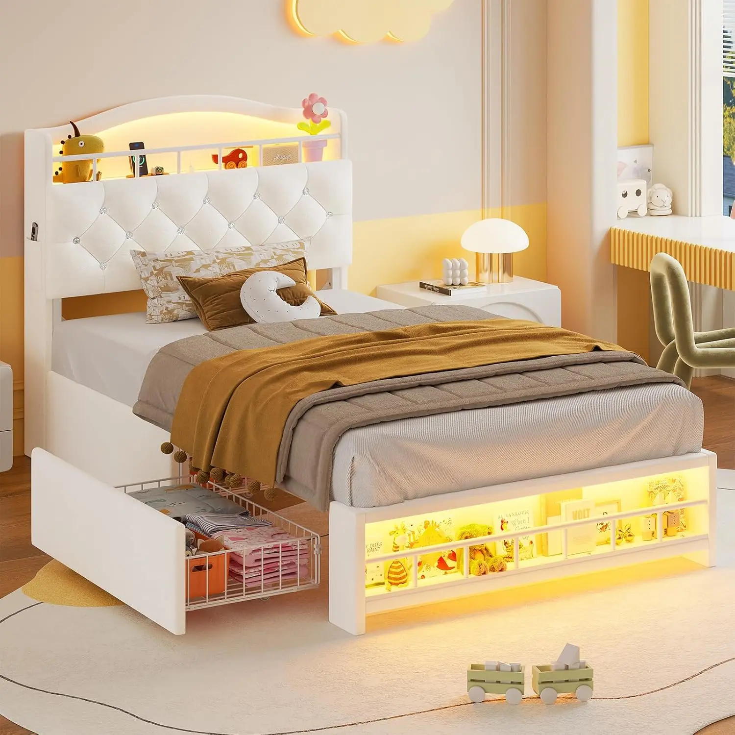 HAUOMS Twin Size Bed Frame with LED Lights & 4 Drawers, Princess Velvet Upholstered Platform Bed for Girls, Headboard with Charging Station & Guardrail & Crystal Button