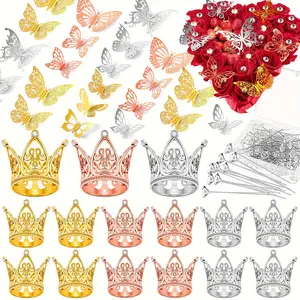 152-Pack 3-Color Crown Butterfly Bakeware Decoration Accessories, Including Crowns, Butterflies and Pins, Easy-Setup Kitchenware Decorating Tool for Weddings, Birthdays