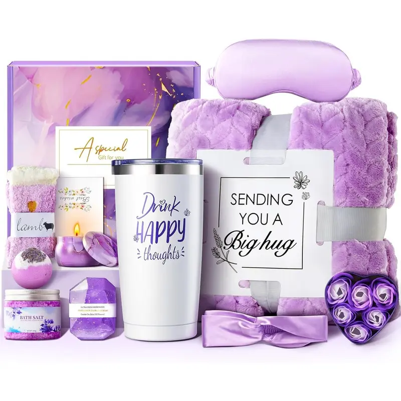 Christmas  for Women, 12 count Get Well Gifts for Her,   Basket for Mom, Wife, Girlfriend, , Purple Happy Birthday Gifts Set, Thank You  Relaxing Self Care Gifts - Lavender