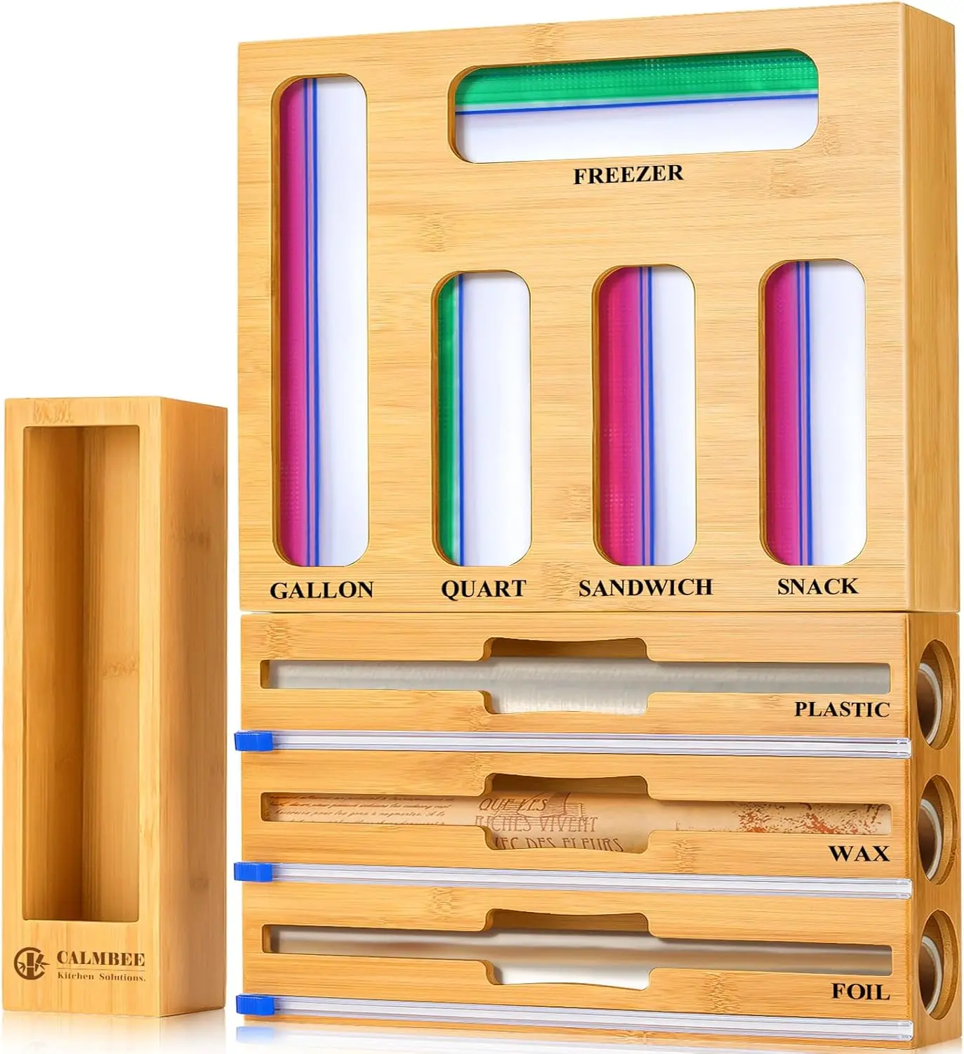 All-in-One Kitchen Organizer – Bamboo Kitchen Drawer Organizer & Bag/Wrap Dispenser – Multiple Options for Gallon, Quart, Sandwich & Snack Bags