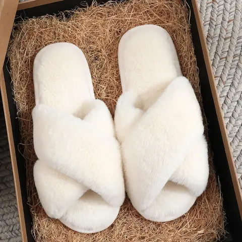 Women's Solid Color Fluffy Plush Slippers, Casual Soft Comfortable Home Slippers, Warm Non Slip Slippers for Indoor & Outdoor Use for All Seasons, Footwear