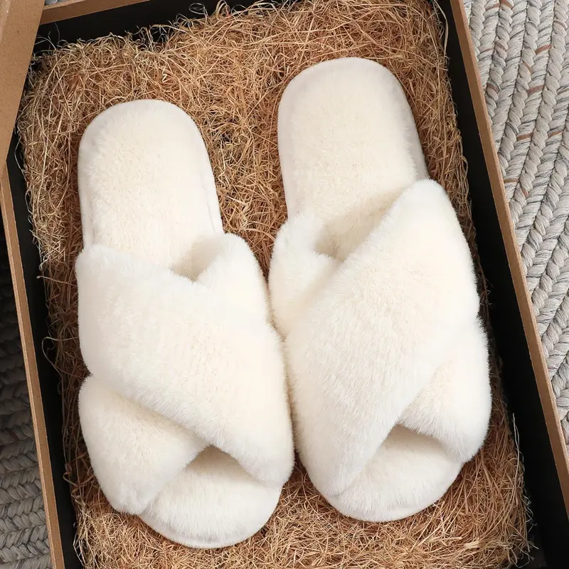Women's Solid Color Fluffy Plush Slippers, Casual Soft Comfortable Home Slippers, Warm Non Slip Slippers for Indoor & Outdoor Use for All Seasons, Footwear
