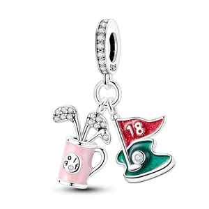MULA Women's Silver-Plated Golf Charm Pendant - Luxurious, Shiny CZ, Pink Enamel Golf Bag, Red-Green Flag, Bracelet-Compatible for Birthdays, Anniversaries