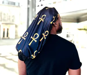 Black & Gold Ankh Loc Cap - Satin Material Adjustable Elastic Band Drawstring for Comfortable Fit Elegant Unique Style Accessory