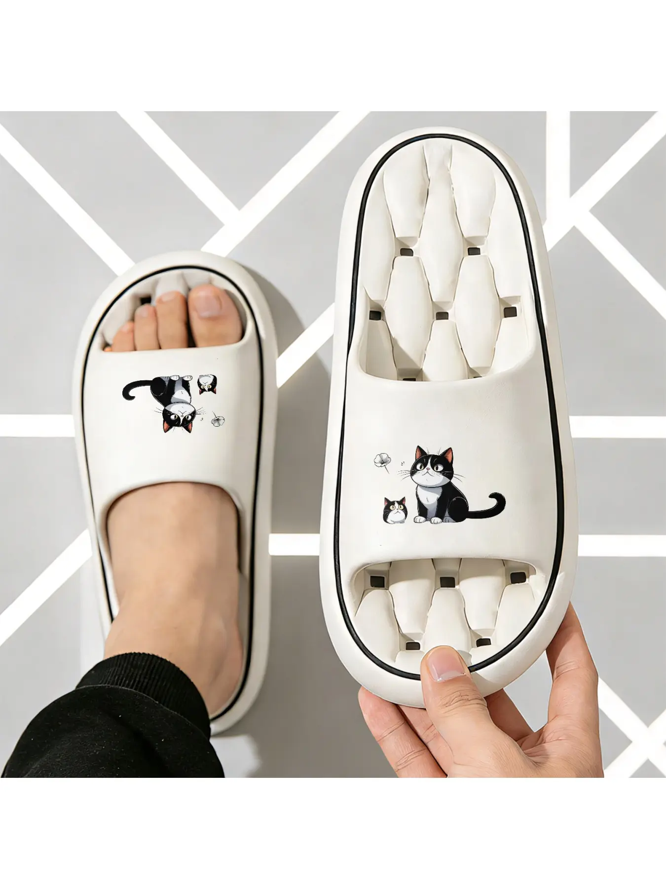 Cute Black White Cat Kitten Print Slippers for Women Men Comfortable Soft Sole Home Indoor Non-slip Animal Cartoon Warm House Shoes Fashion Casual Daily Slipper