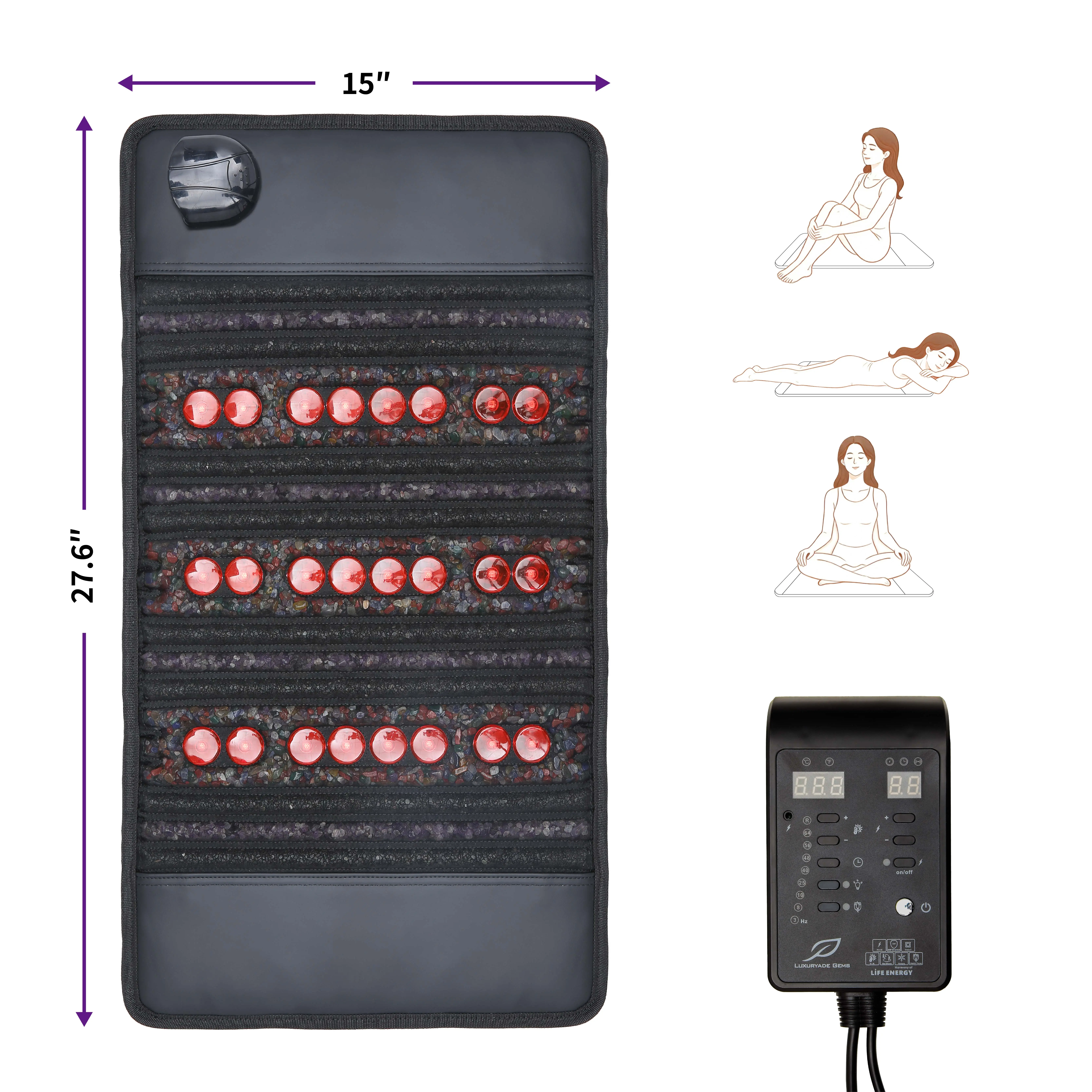 Luxuryade Dual-band Photon Recovery Pad with Natural Stones - Single Biomat, Heated, Thermal Warm, Far Infrared Heat, Red & NIR Lights, Magnets, Negative Ions, Stress Relief for Back, 15" L x 28" W Personal Care Appliance