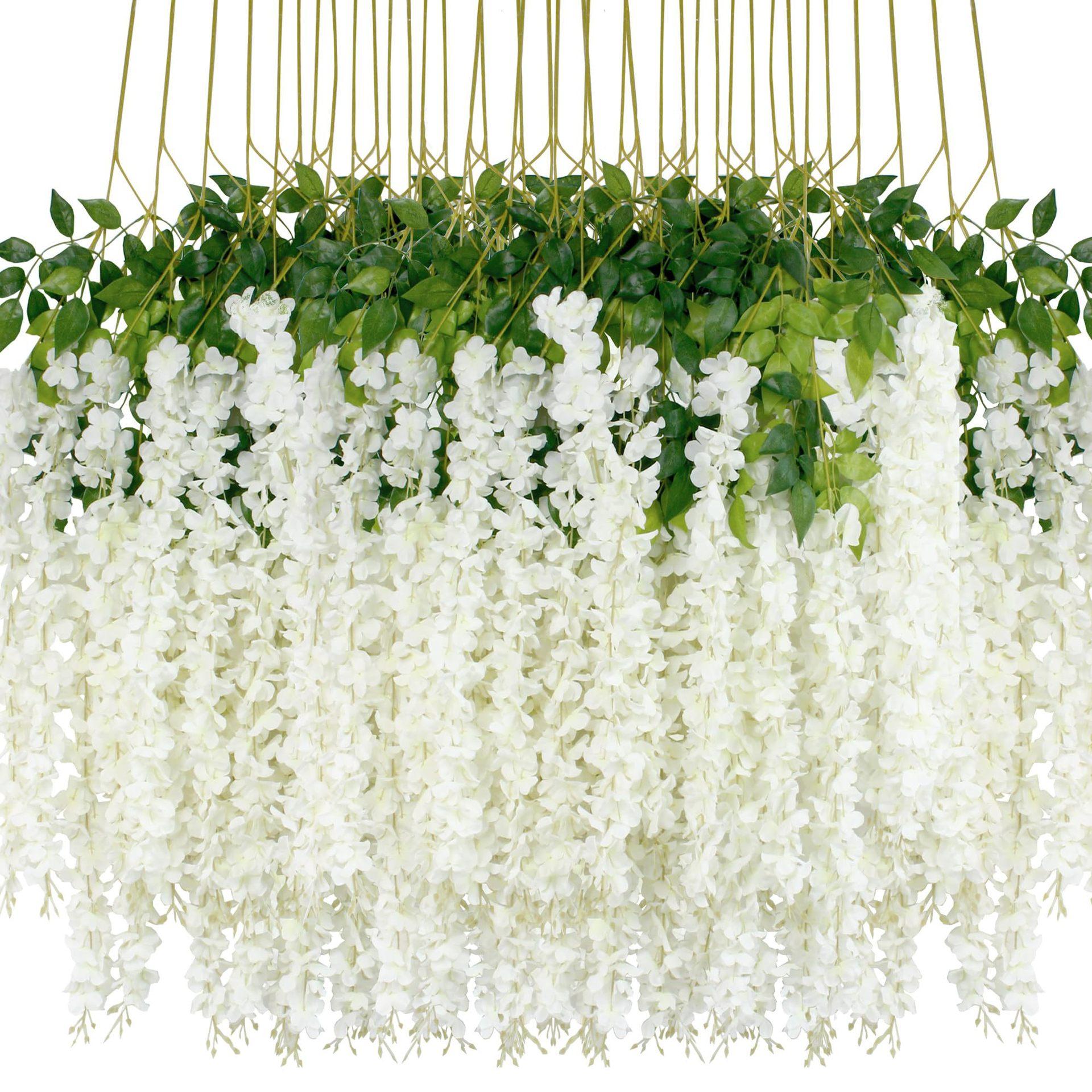 Artificial Vines Artificial Wisteria Flowers 12Pcs 43.3 Inch/Piece Dense Fake Wisteria Vine Ratta Hanging Garland Silk Flowers String for Decorative Home Party Wedding Garden Decorations Artificial Flowers For Outside