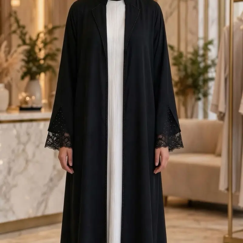 Riwae black pearl lace abaya