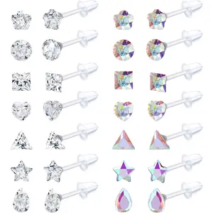 FIASASO 14Pairs Clear Plastic Stud Earrings for Women Girls Acrylic Post Star Heart Rhinestone Ear Studs Piercing Retainers