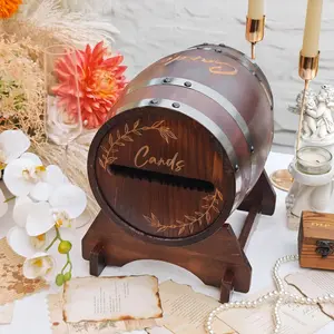 Wooden Wedding Card Box for Party with Base, Brown  Barrel  Holder with Slot, Rustic Envelope  Card Box for Wedding Graduation Bridal Shower Party Decoration