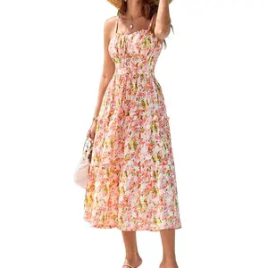 GRACE KARIN Women's Summer Floral DressSpaghetti Strap Smocked Tiered Casual Boho Maxi LongSundress with Pockets