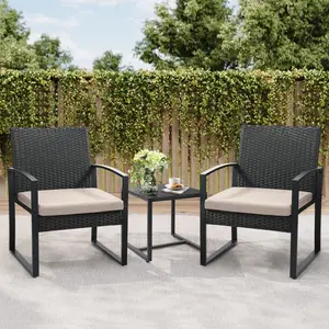 3-Piece Wicker Patio Bistro Set Rattan Conversation Set with Glass Coffee Table Beige Cushions for Balcony Patio Garden Outdoor Spaces