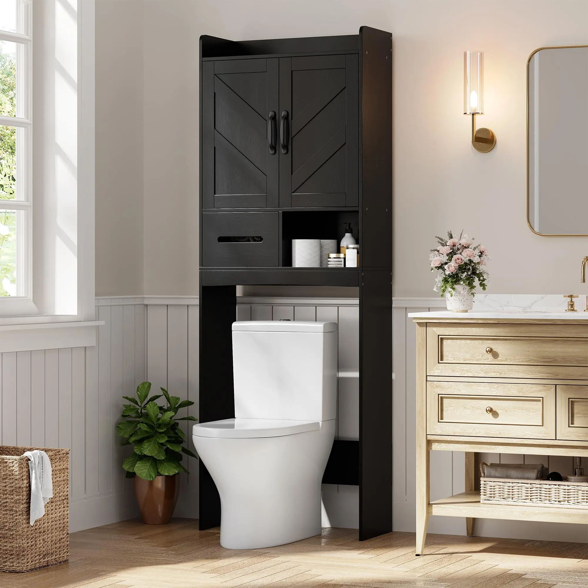 Over the Toilet Storage Cabinet,Bathroom Organizers and Storage with Anti-Tip Device and Adjustable Shelf for Bathroom,Restroom,Laundry,Black