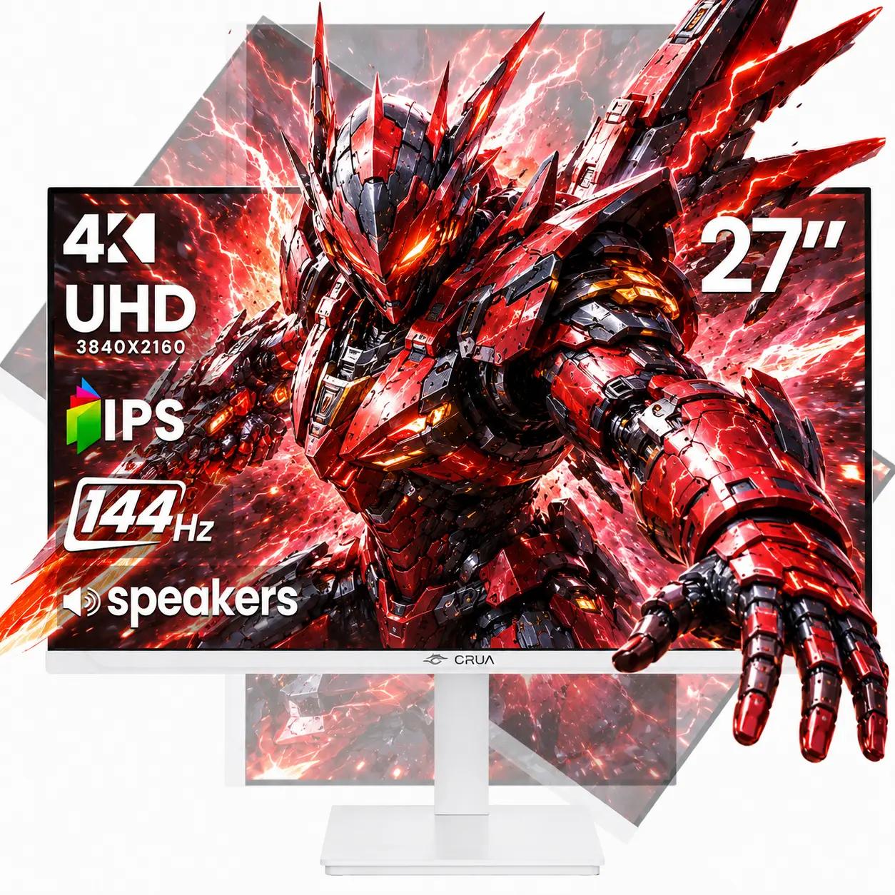 CRUA 27 Inch White Vertical 4K UHD IPS PC Monitor,144Hz Refresh Rate,Pivot Tilt Stand,120% sRGB Color Gamut,FreeSync,Built‑in Speakers,HDMI 2.1 DP 1.4,VESA Wall‑Mountable for Gaming,Office Work and Photo Editing