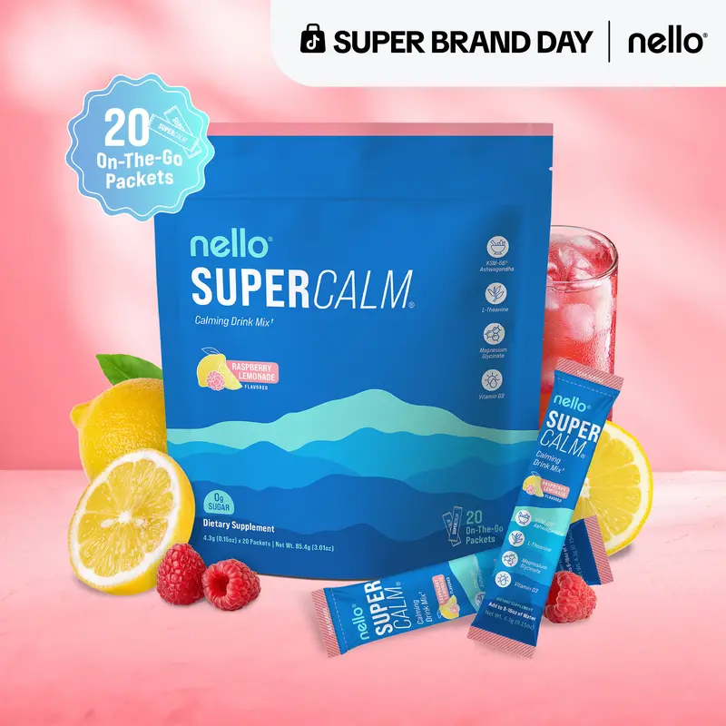 Nello Supercalm Calming Drink Mix with KSM-66 Ashwagandha Vitamin D3 Magnesium & L-Theanine Supports Cortisol Balance Mood Sleep 20 Servings Travel Packets Dietary Supplement
