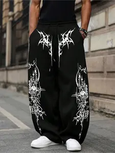 Women's Casual Loose-Fitting Straight Leg Pants with Adjustable Drawstring, Chic Trendy Print for Fall & Winter, Perfect for Daily Wear and Relaxation