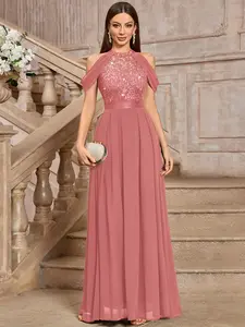 MIUSOL 24413A Mock Neck Halter Elegant Chiffon Sequin Floral Lace Off Shoulder Sleeveless Formal Evening Party Long Maxi Dress Womenswear