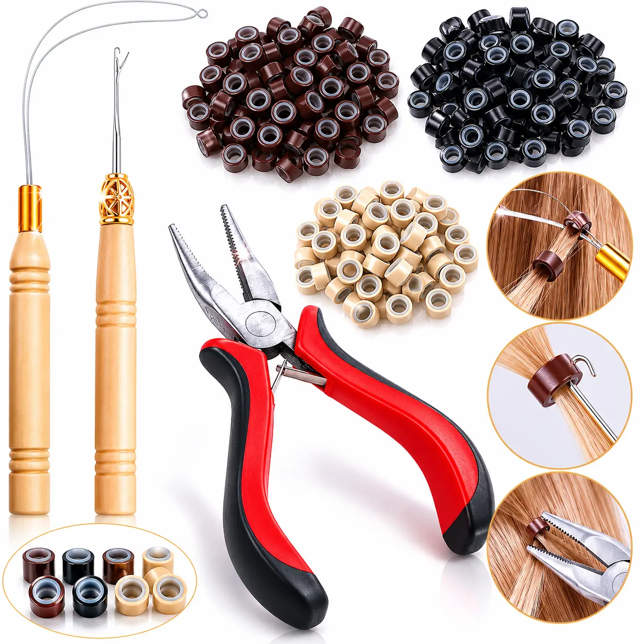 Professional Micro Link Hair Extension Tool Kit - 600 Pieces Anti-Slip Silicone-Lined Micro Rings, Pliers, Pulling Hook, Loop Needle for DIY Hair Extensions, Tinsel Feather Work | Personalized Invisible Fit, Bead Device Protection
