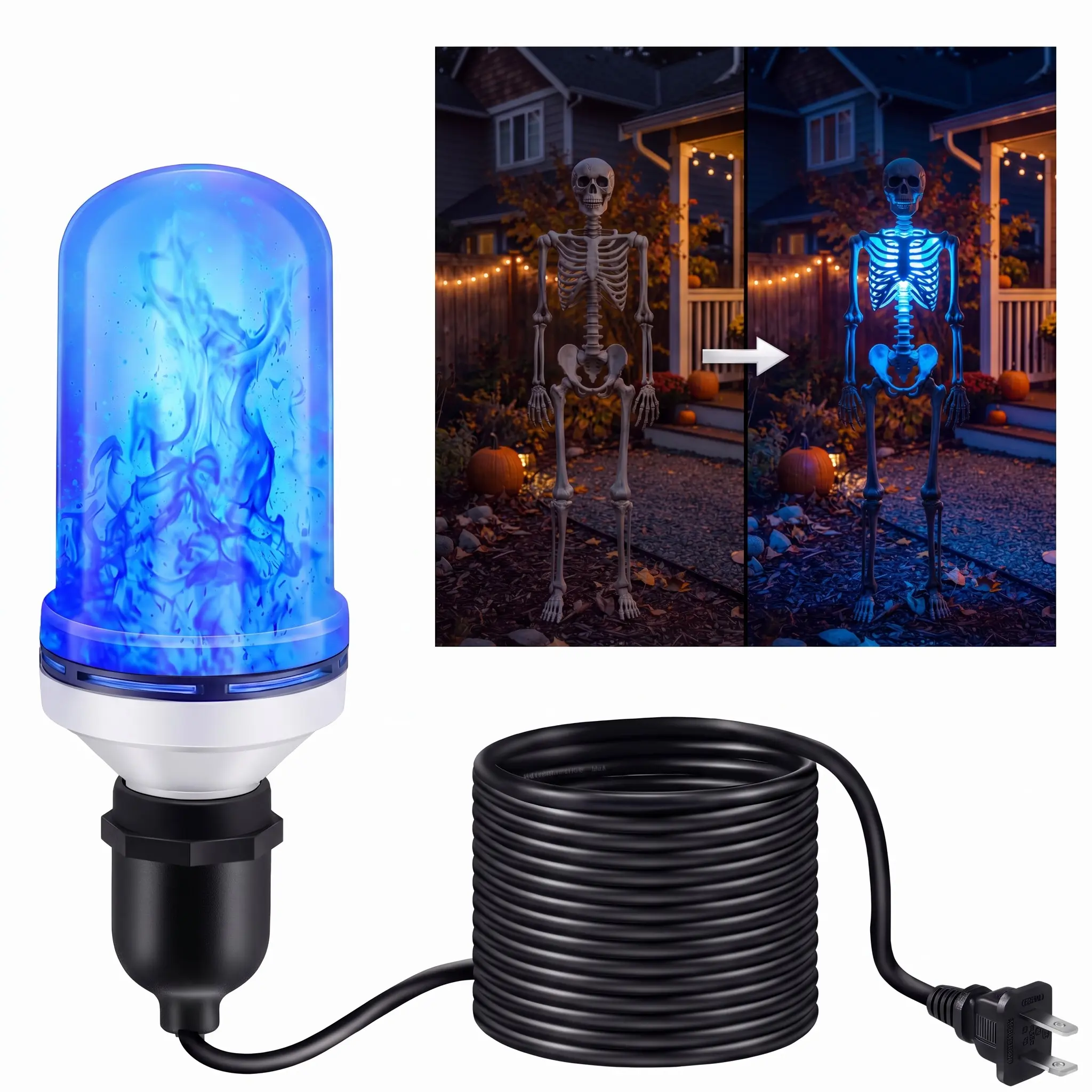 Halloween Skeleton Light Upgrade Kit Flame Effect E26 LED Bulb with 16.4ft Extension Cord and 3 Light Modes for Skeleton Decorations Outdoor Halloween Yard Decor Haunted House Props and Spooky Party Decor(Skeleton Not Included)