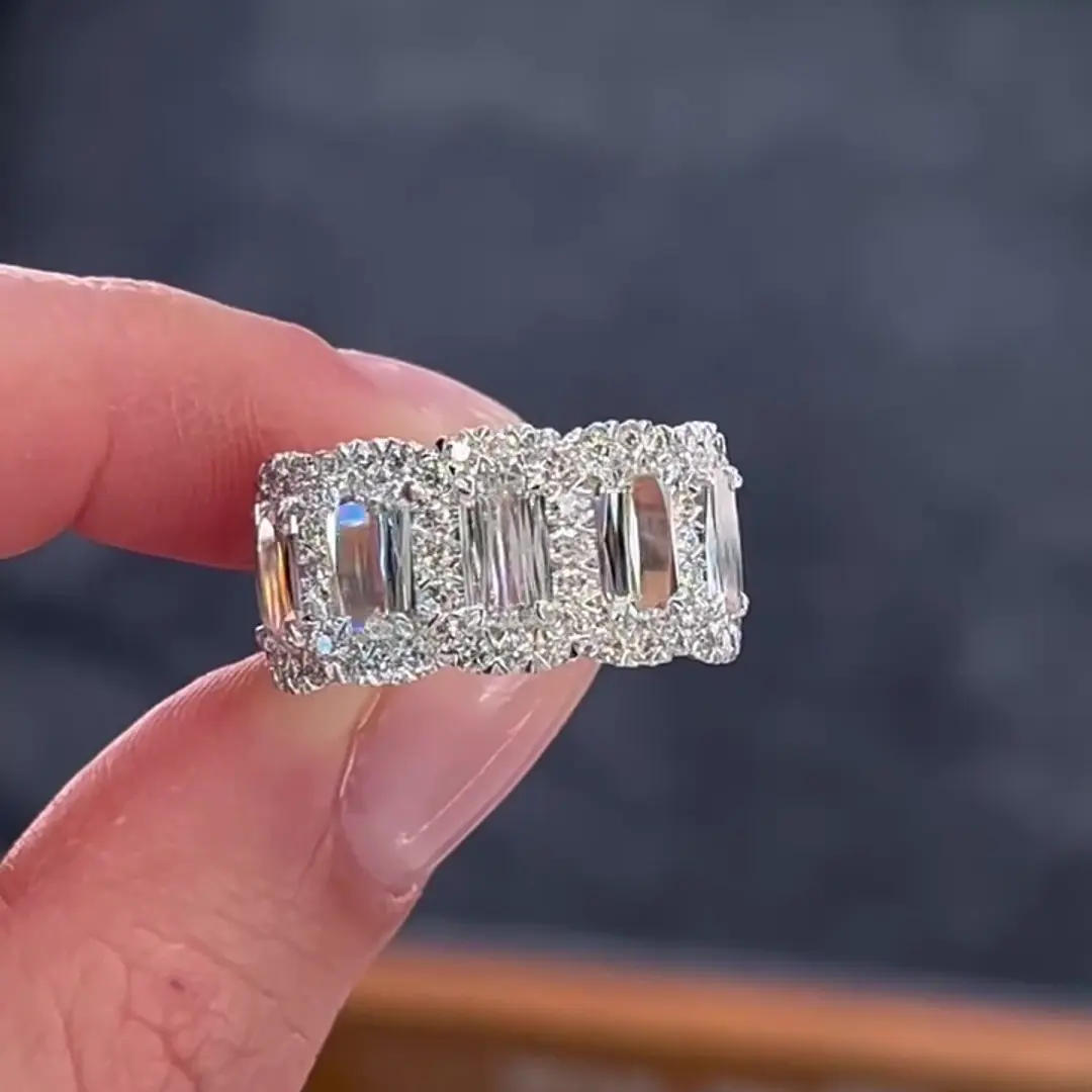 Jorrio Rhodium Luxury Emerald Cut Eternity Ring - Elegant Fashion Wide Band with Round Side Stone Cut, Beautiful Rings, Meaningful Gifts for Anniversary, Elegant Fashion Rings