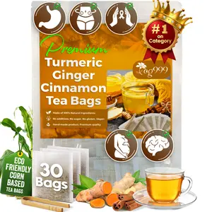 【FreshDrinkUS】 30 Bags Turmeric Ginger and Cinnamon Tea, 100% Natural, Anti-Inflammatea. 100% handmade, Eco-conscious Tea Bags. No Sugar, No Caffeine, No Gluten, Vegan.