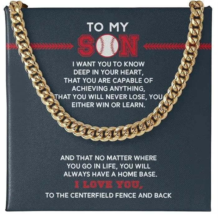 Gold Statement Chain Cuban Link Baseball Pendant Necklace, Gift for Son or Dad