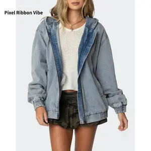 Vintage Washed Denim Bomber Jacket with Hood