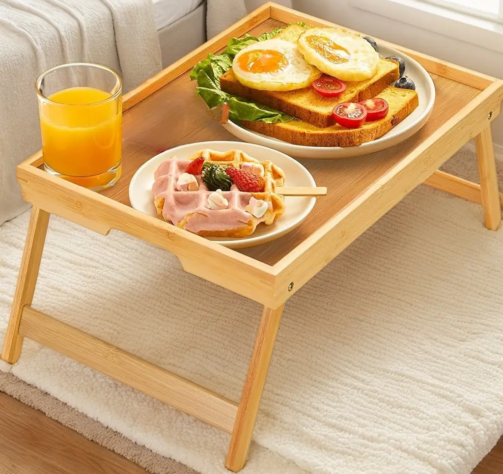 Bamboo Bed Tray Table with Foldable Legs, Breakfast Tray for Sofa, Bed, Eating, Working, Used As Laptop Desk Snack Tray