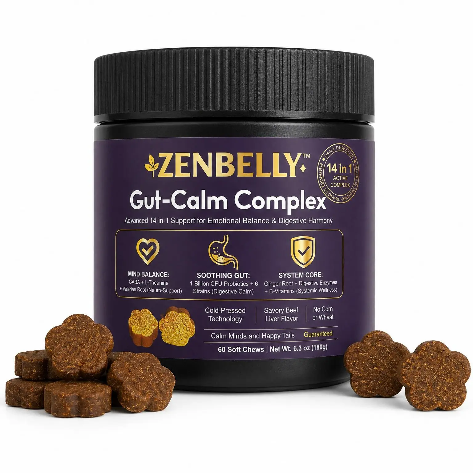 ZENBELLY Dog Gut-Calm Complex, 14-in-1 Advanced Probiotics & Calming Soft Chews for Separation Anxiety, Stress Relief & Digestive Support, Savory Beef Liver Flavor, 60 Chews outdoorfun,Gift with trial pack