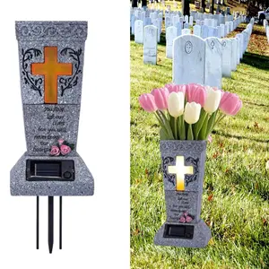 Solar Powered Cemetery Vase with LED Light for Grave Decorations, Cross Design Flower Holder for Loss of Loved One, Easter Decorations for the Cemetery