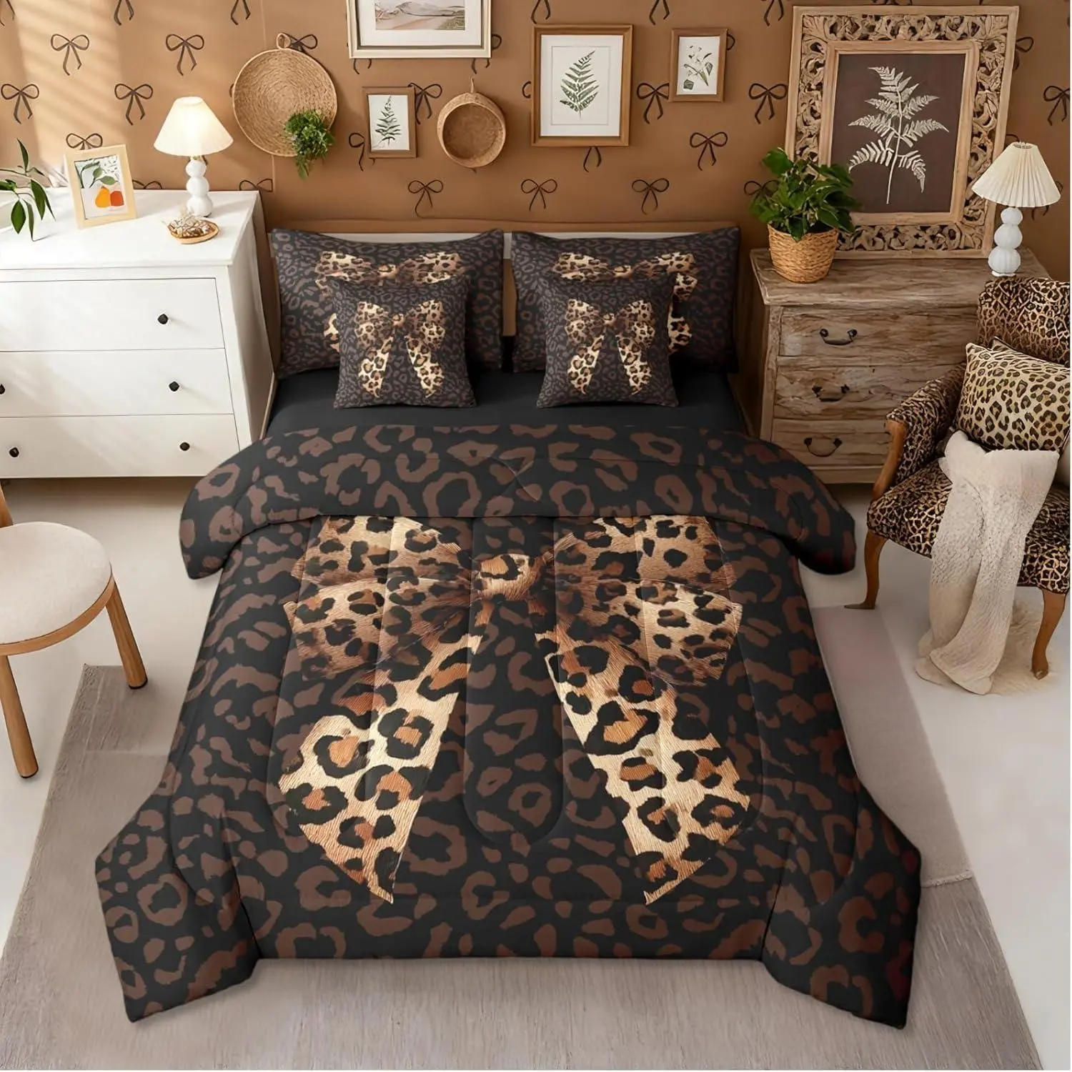 Feelyou Queen Size 7-Piece Microfiber Pattern Bedding Set - Decorative Bedsheet Set with Leopard Print, Cheetah Bowknot, Ribbon Accents, Machine Washable All-Season Bed Linens for Coquette Teens, Decorative Bedsheet Sets