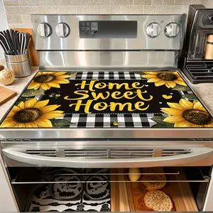 [1pc Sunflower Stove Protector] 1pc Stylish Sunflower & Black White Checkered Heat-Resistant Glass Stove Top Protector |   Non-Slip Durable Polyester Surface, Easy to Clean |   Fits Electric Stoves, | "Home Sweet Home"