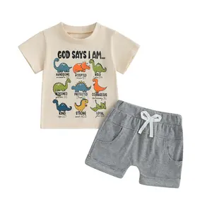 Toddler Boy Summer Outfits Dinosaur Letter Print Round Neck Short Sleeve Tops with Solid Shorts Outfit