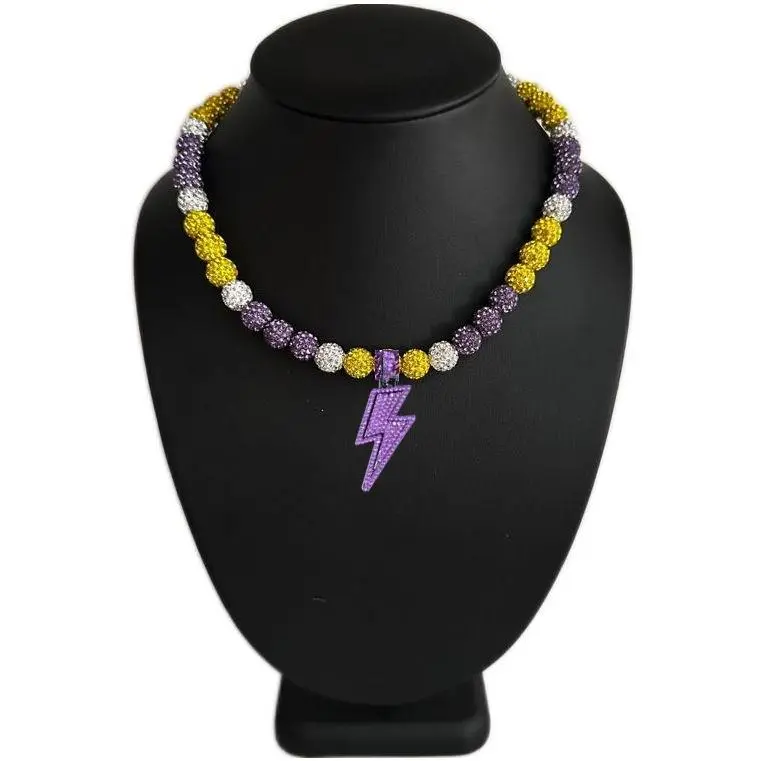 Iced Bling Disco Ball Rhinestone Pollyanna Crystal Bead Baseball Softball Necklace Purple Yellow Lightning