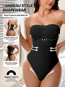 Women's Strapless Seamless Thong Bodysuit Shaper – Tummy Control Body Briefer with Built in Chest Lift, Invisible Tube Top Underwear Shapewear (Black)