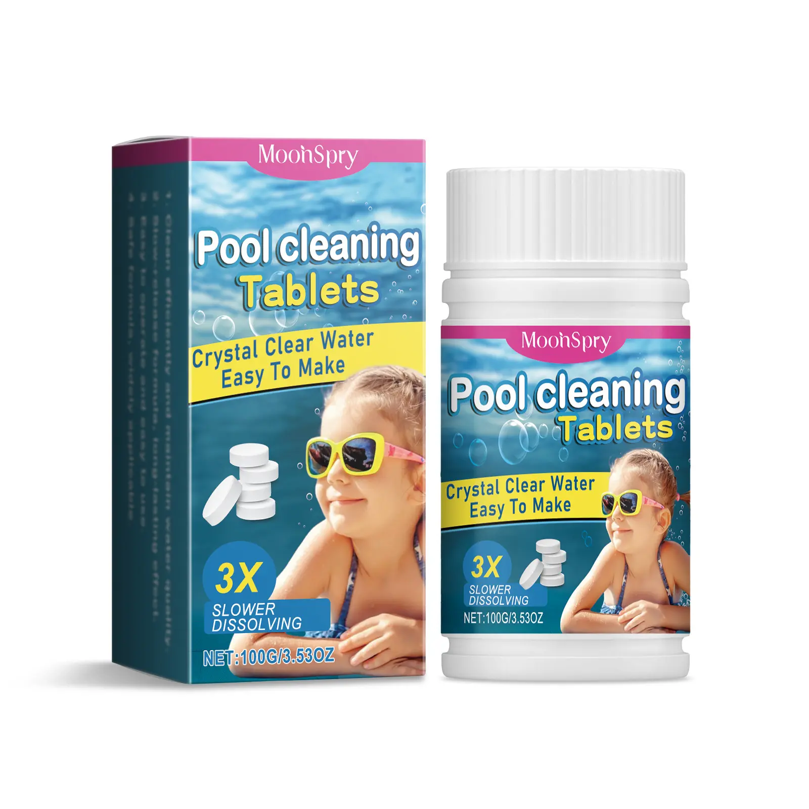 MoonSpry Slow-Release Pool Cleaning Chlorine Tablets with Dichloroisocyanuric Acid - Water Decontamination, Eliminates Unpleasant Odors, Prevents Scale and Stains for Pools & Hot Tubs