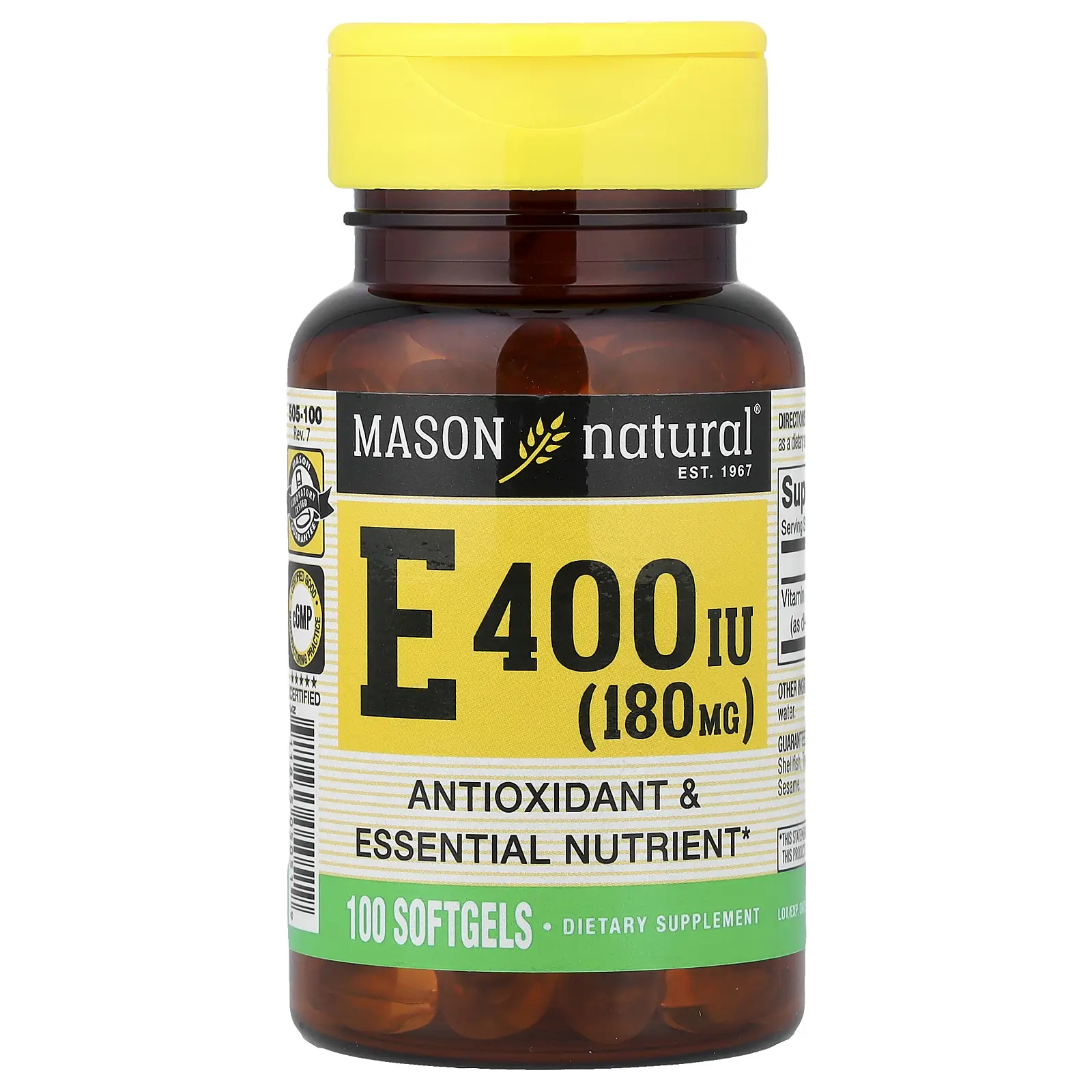 Mason Natural Vitamin E, 180 mg (400 IU), 100 Softgels