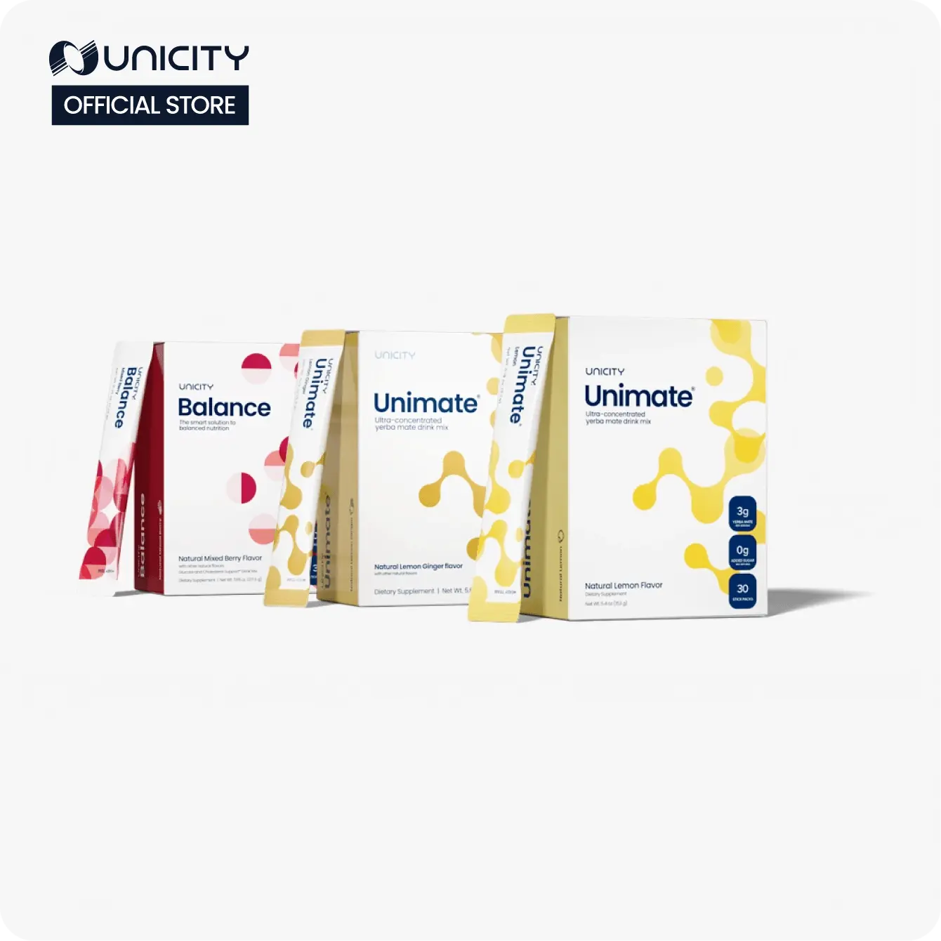 Unicity Feel Great - Lemon Unimate (1) - Lemon Ginger Unimate (1) - Mixed Berry (1) - 30-day supply