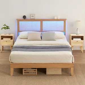 Bed Frame Full/Queen Size, Bohemian Platform Bed Frame with Rattan Storage Headboard, Adjustable Led Lights, Wooden Support Legs, No Box Spring Needed, Noise-Free, Easy Assembly